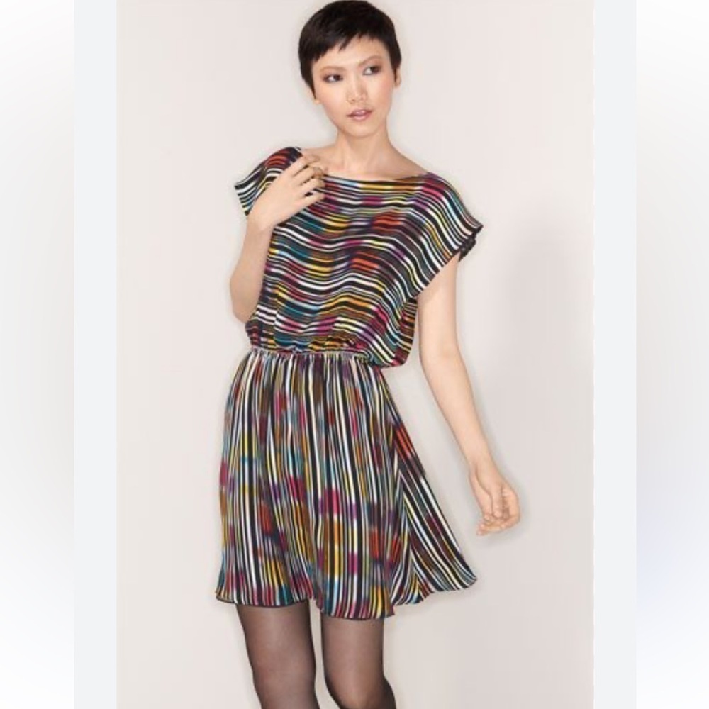 Alice and Olivia Bea black multicolor rainbow stripe silk dress